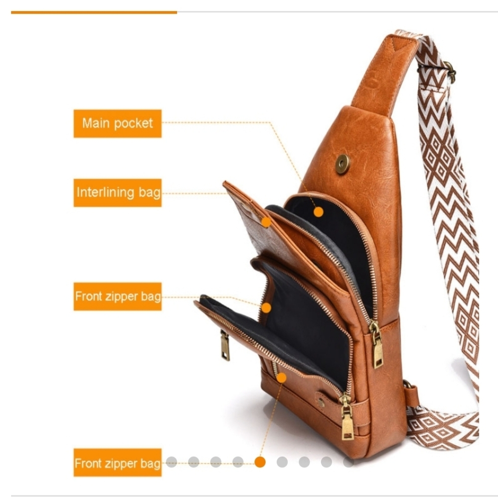 Brown Pleather Sling Bag Multi Pockets 12x8x2.5 New - Picture 5 of 9